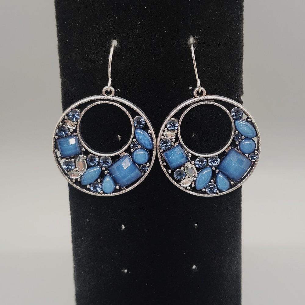 Blue Multi-Stone Dangle Drop Earrings 2" Length Silver Tone Fashion Jewelry